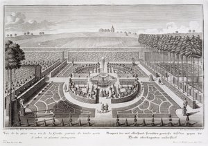 Uitzicht op de topiary tuin naast de grot, Geibach, gegraveerd door Johann August Corvinus, gepubliceerd 1728